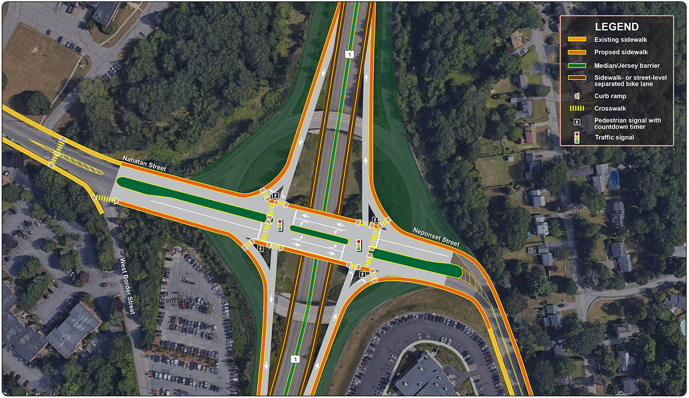 Figure 30
Route 1 at Pendergast Circle: Alternative 2—Diamond Interchange Concept
Figure 30 is an aerial photo showing Pendergast Circle and proposed improvements, including the diamond interchange concept.
